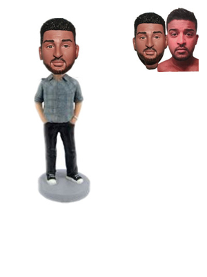 Custom Casual Man Bobblehead Man in Plaid Shirt with Hands in Pockets