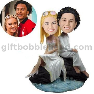 Custom Wedding Cake Topper Couple Bobblehead Sitting on Rock