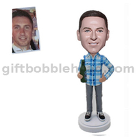 Customized Male Bobblehead Man in Blue Plaid Shirt with Beer Bottle in Hand